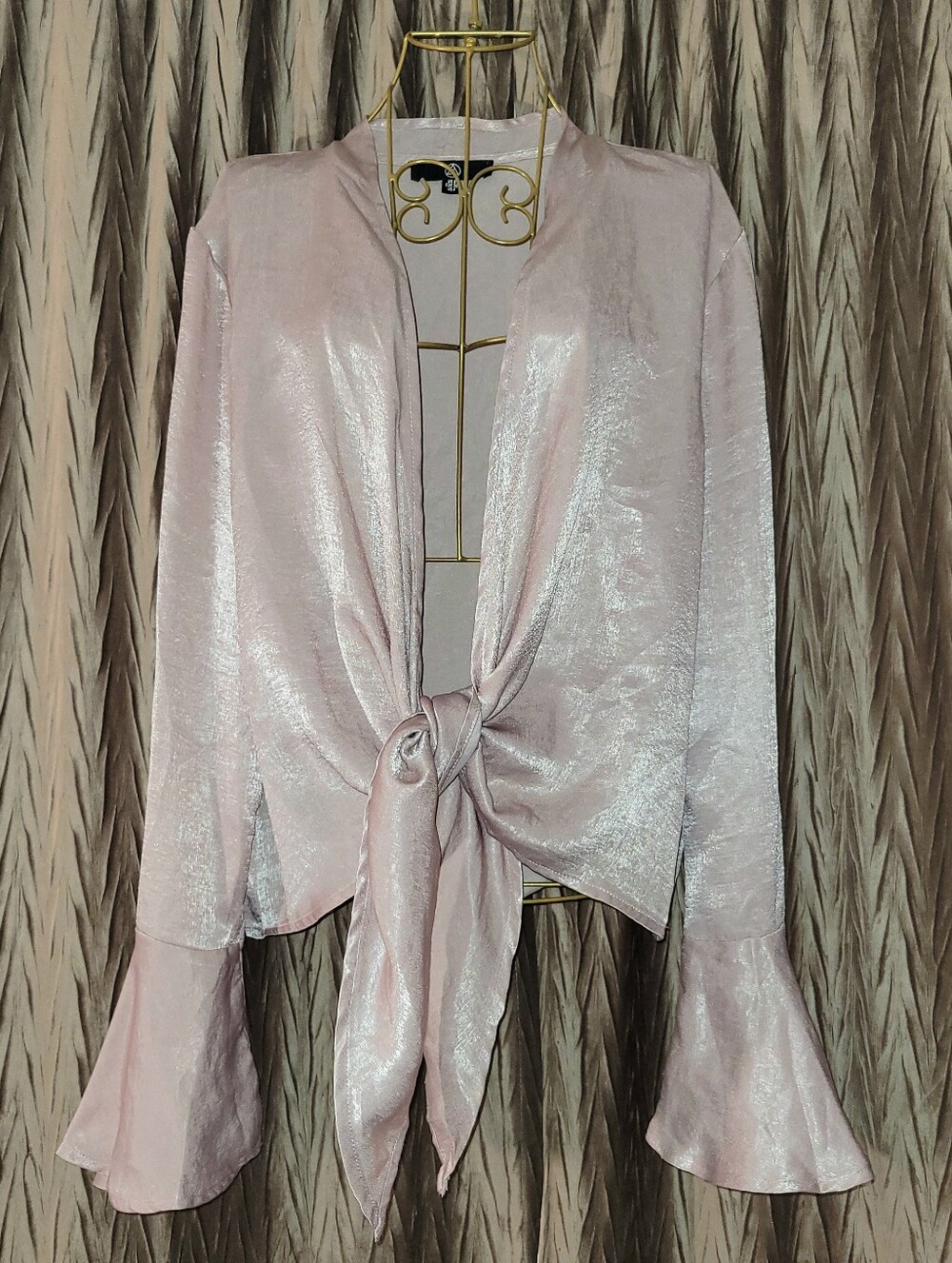 Missguided Pink Shimmer Satin Tie Front Blouse Flare Bell Sleeve US 4
